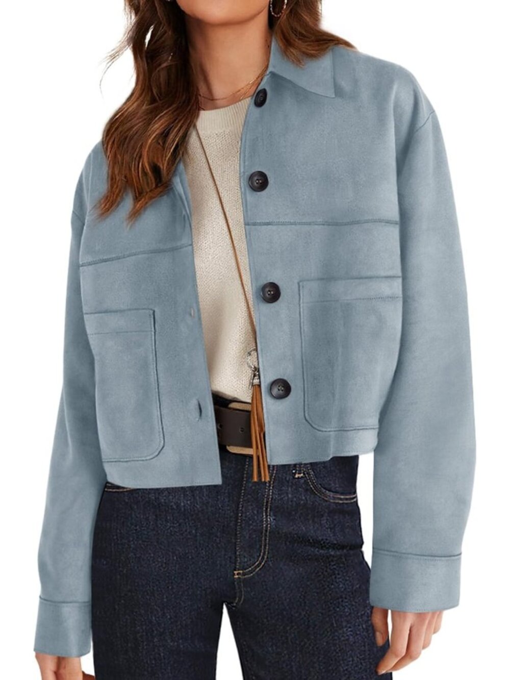 Women's Light Blue Lightweight Cropped Faux Suede Button Down Shacket Jackets
